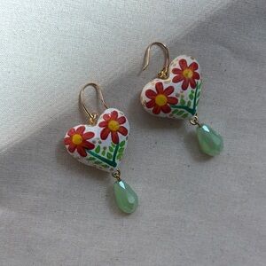 Hand-Painted Heart Flower Drop Earrings - White, Red, Green